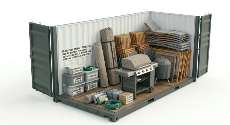 Muebles de jardín guardados en baulera container ISO de 20 pies en Tigre
